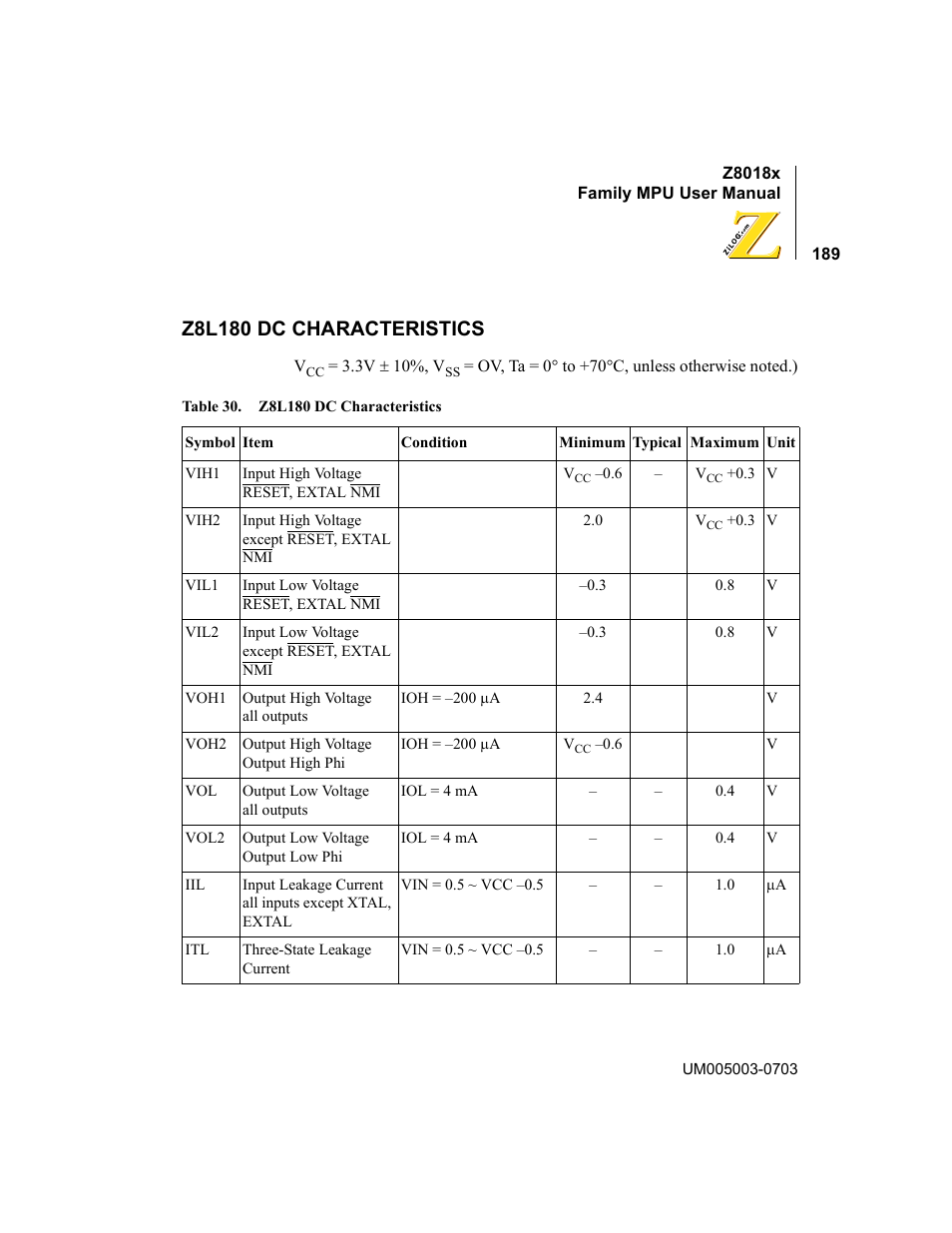 Z8l180 dc characteristics, Table 30 | Zilog Z80180 User Manual | Page 204 / 326