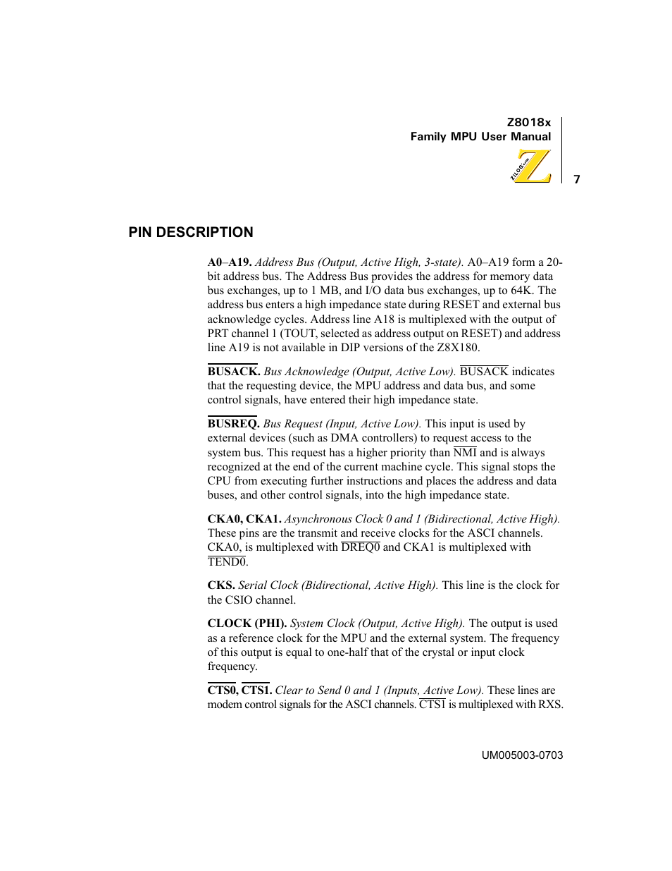 Pin description | Zilog Z80180 User Manual | Page 22 / 326