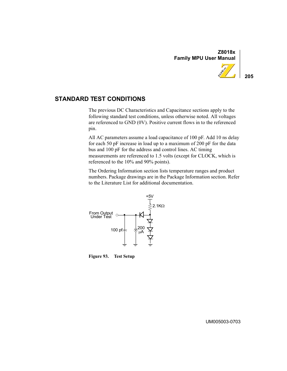 Standard test conditions, Test setup | Zilog Z80180 User Manual | Page 221 / 326