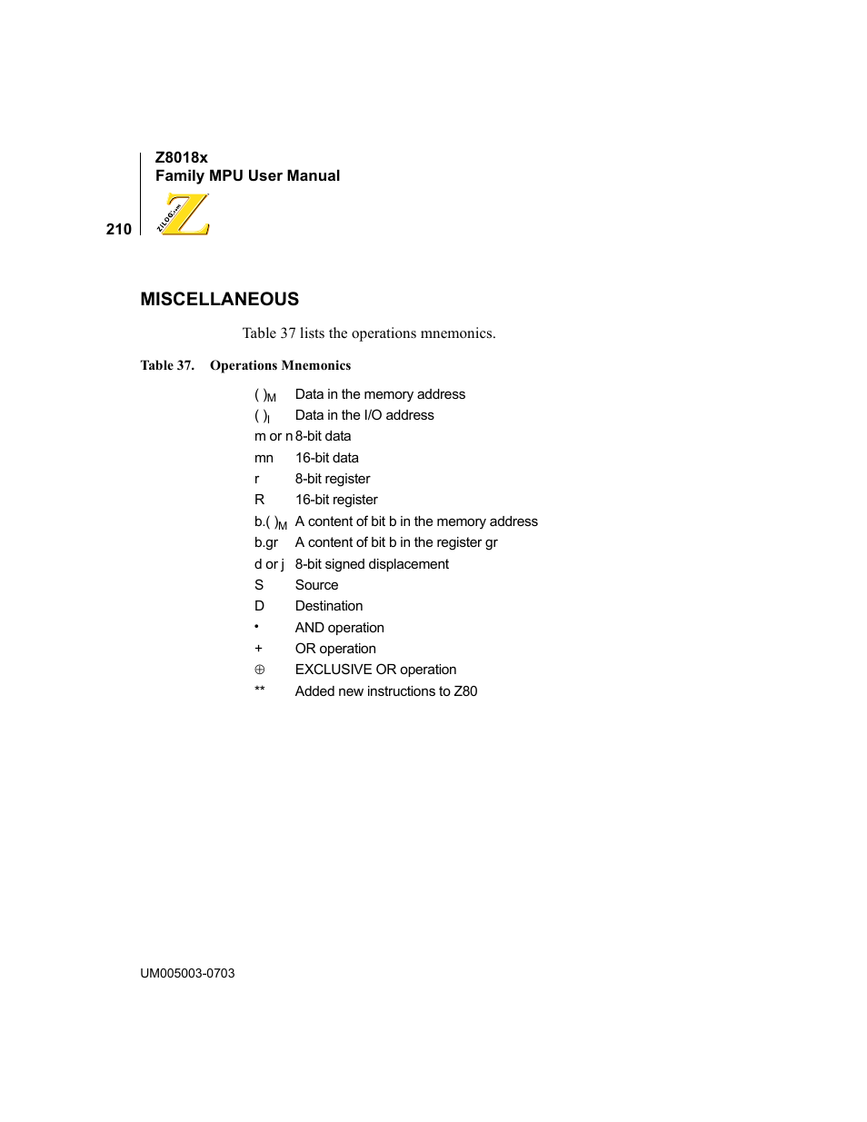 Miscellaneous, Table 37, Operations mnemonics | Zilog Z80180 User Manual | Page 226 / 326