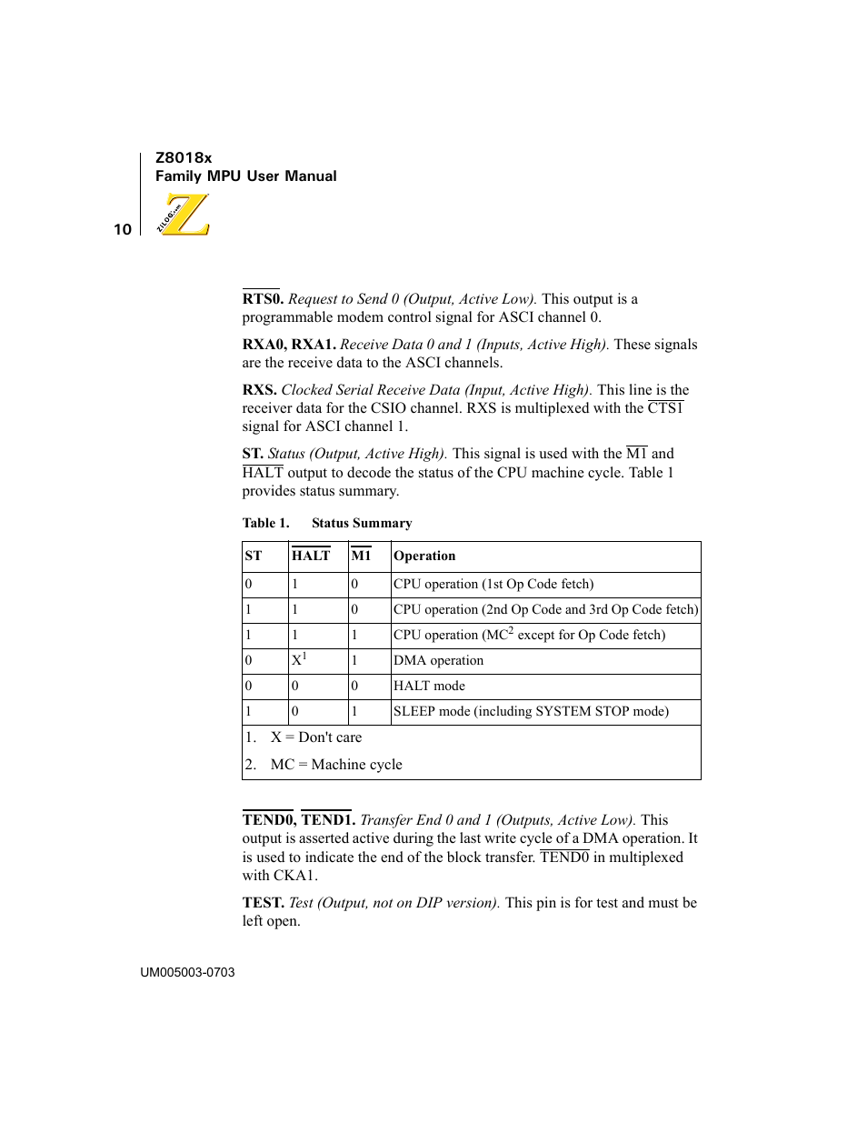 Table 1, Status summary | Zilog Z80180 User Manual | Page 25 / 326