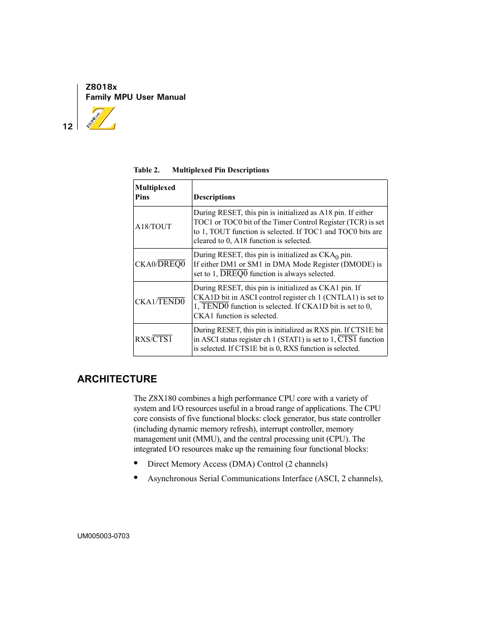 Architecture, Table 2, Multiplexed pin descriptions | Zilog Z80180 User Manual | Page 27 / 326