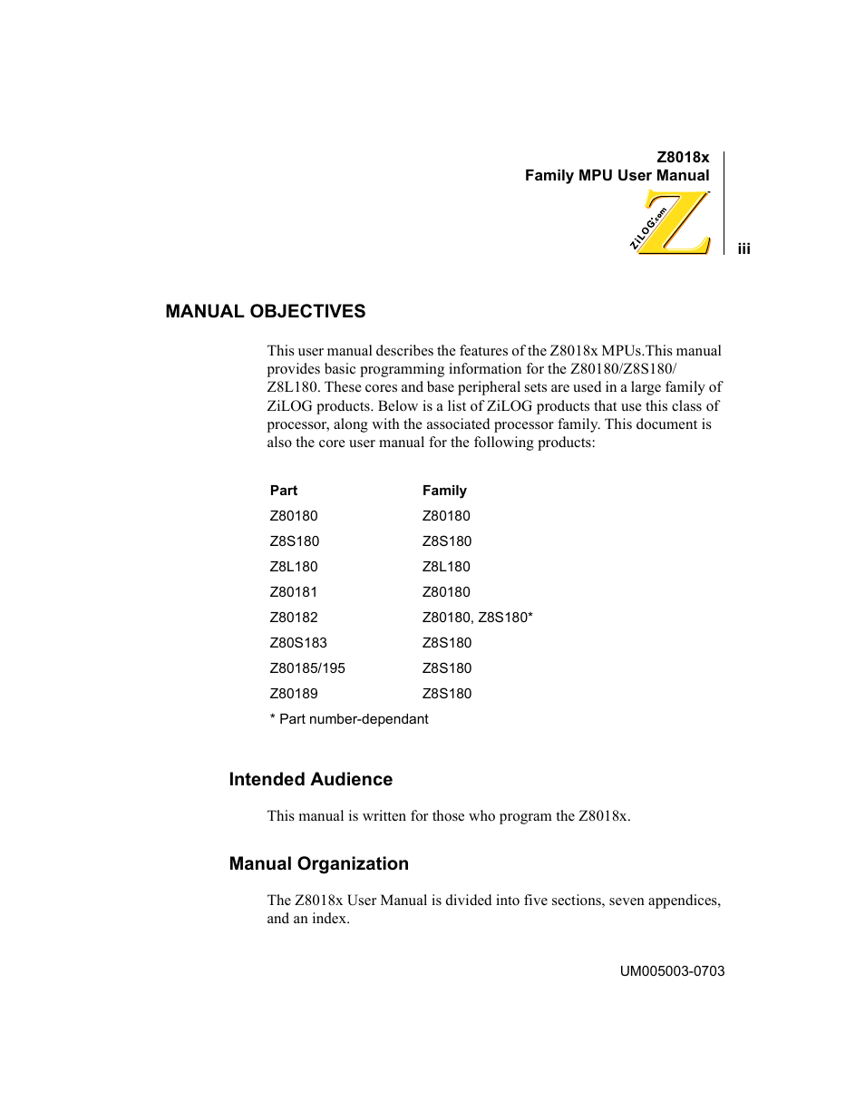 Manual objectives, Intended audience, Manual organization | Zilog Z80180 User Manual | Page 3 / 326