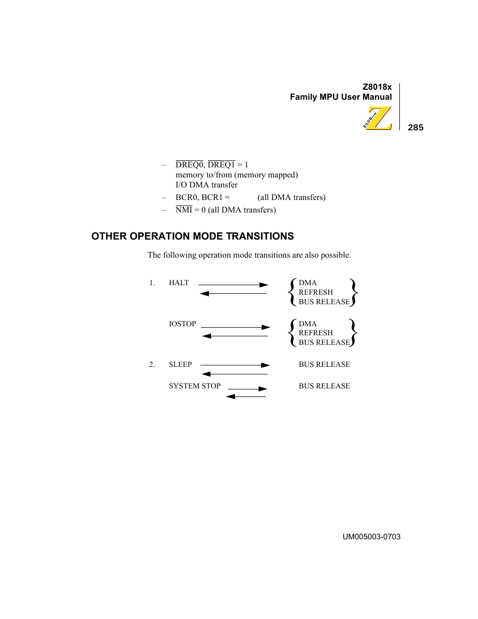 Other operation mode transitions | Zilog Z80180 User Manual | Page 301 / 326