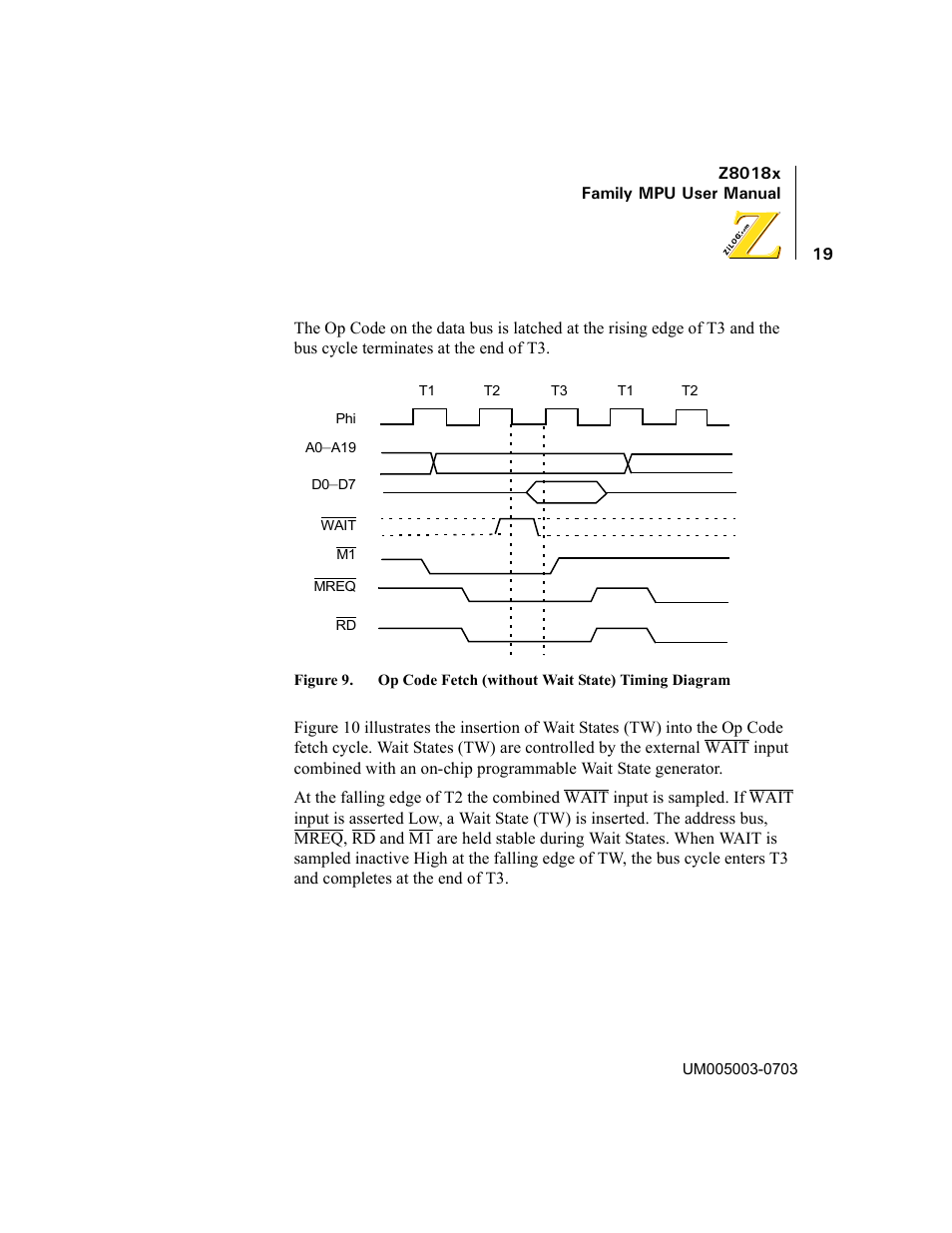 Figure 9, Op code fetch (without wait state) timing diagram | Zilog Z80180 User Manual | Page 34 / 326