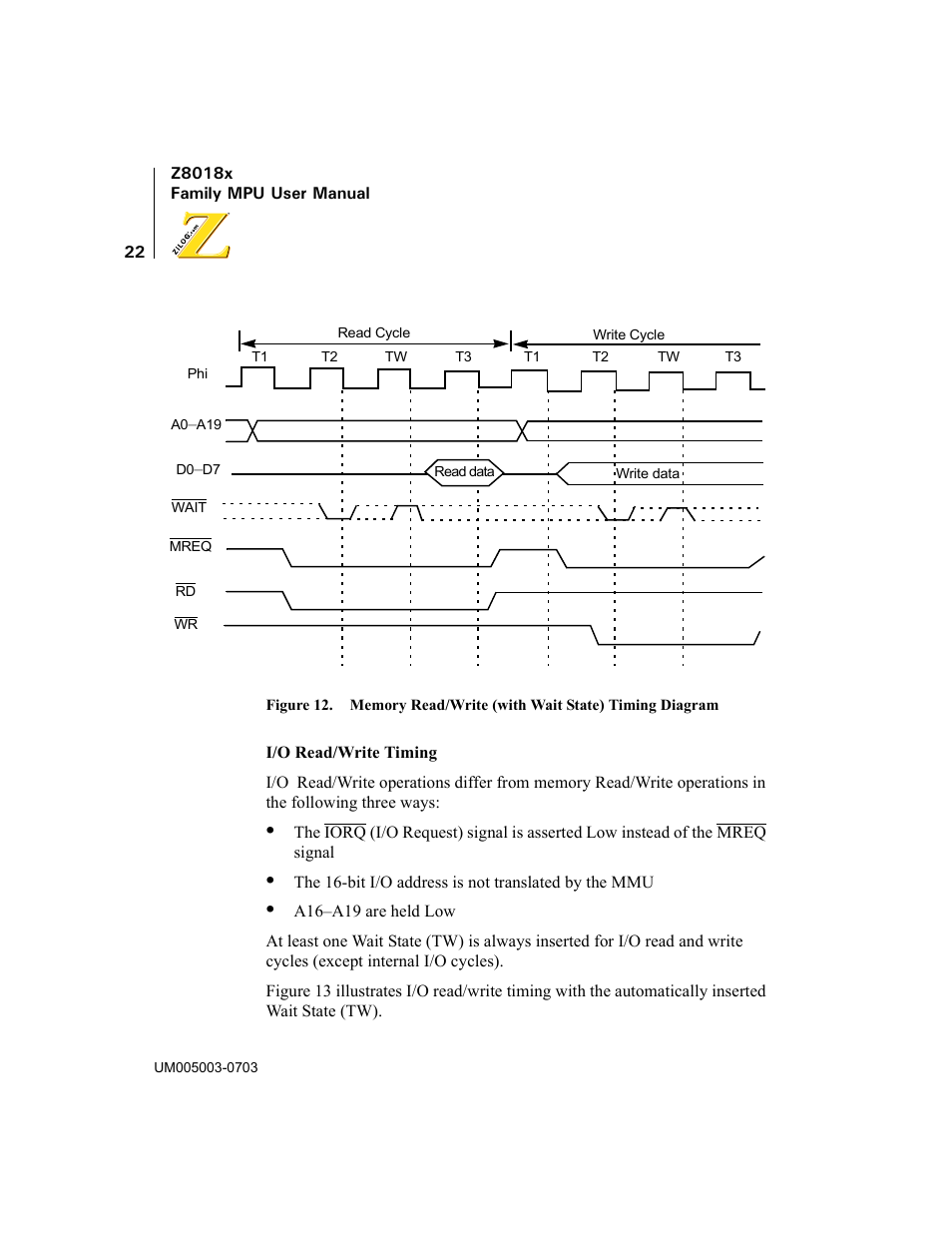 Figure 12. memory read/write (with wait state), Timing diagram | Zilog Z80180 User Manual | Page 37 / 326