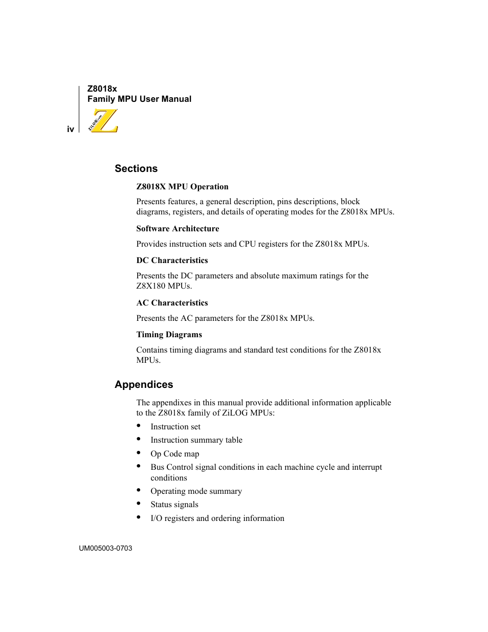 Sections, Appendices | Zilog Z80180 User Manual | Page 4 / 326