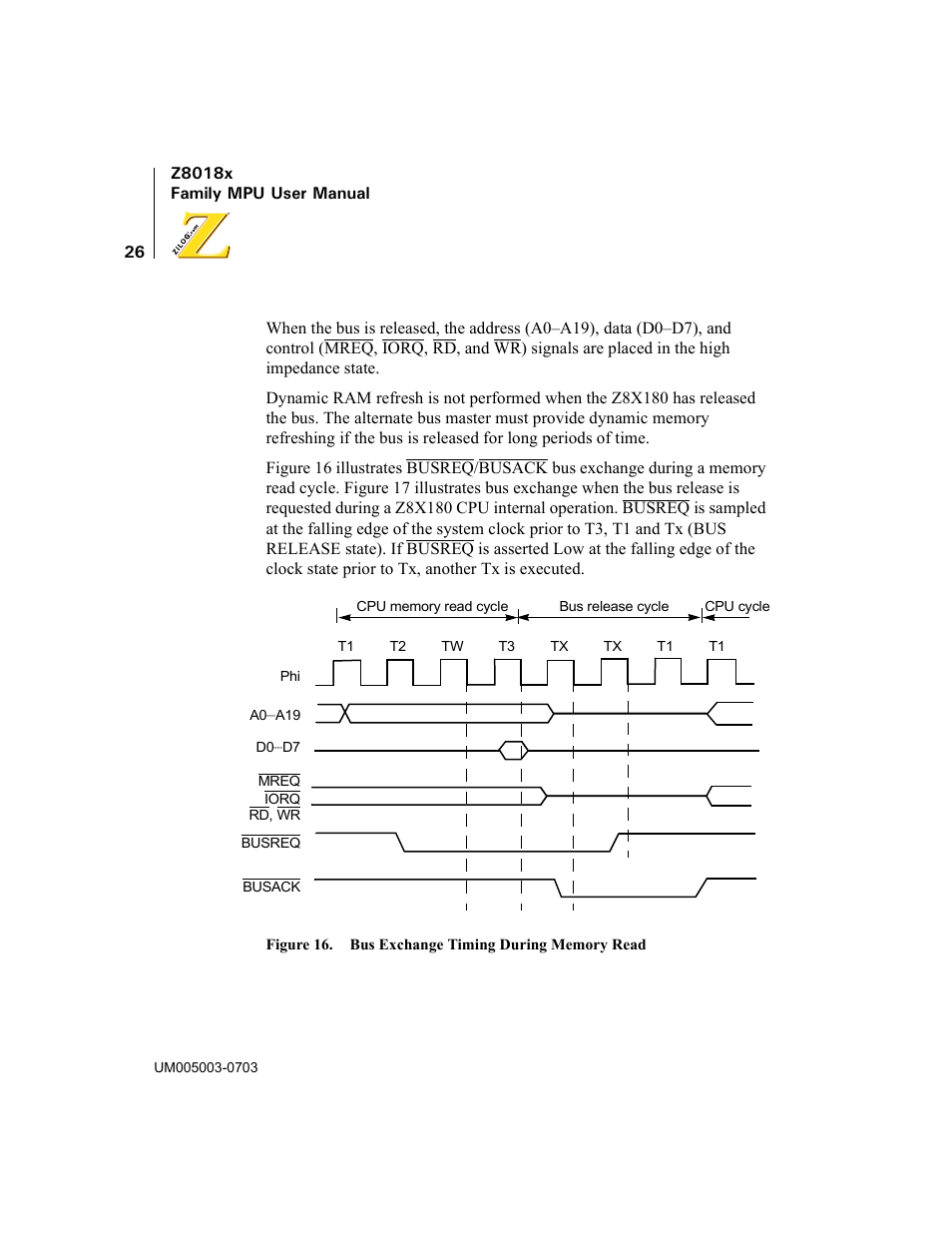 Figure 16. bus exchange timing during memory read | Zilog Z80180 User Manual | Page 41 / 326