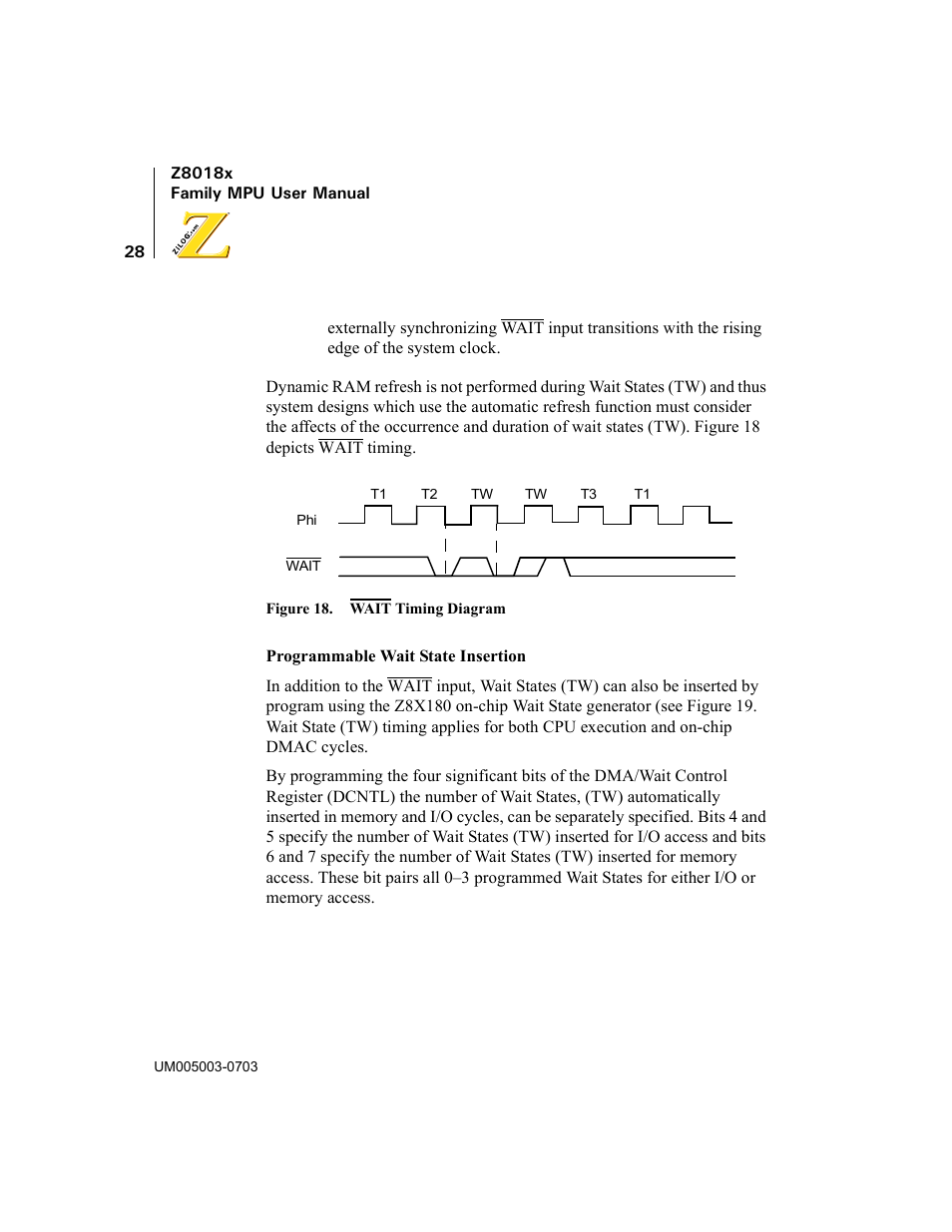 Figure 18. wait timing diagram | Zilog Z80180 User Manual | Page 43 / 326