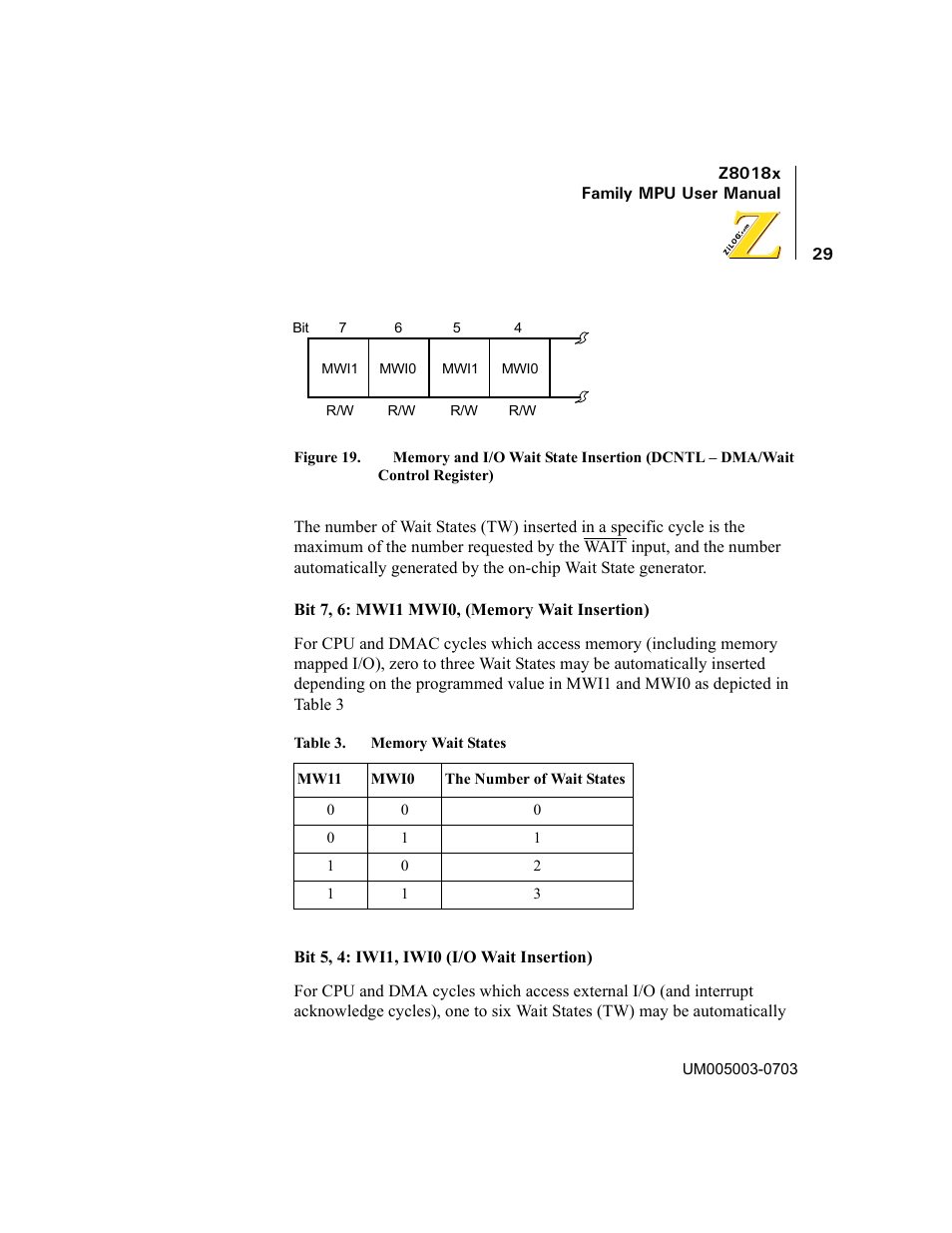 Figure 19. memory and i/o wait state insertion, Dcntl – dma/wait control register), Table 3 | Memory wait states | Zilog Z80180 User Manual | Page 44 / 326