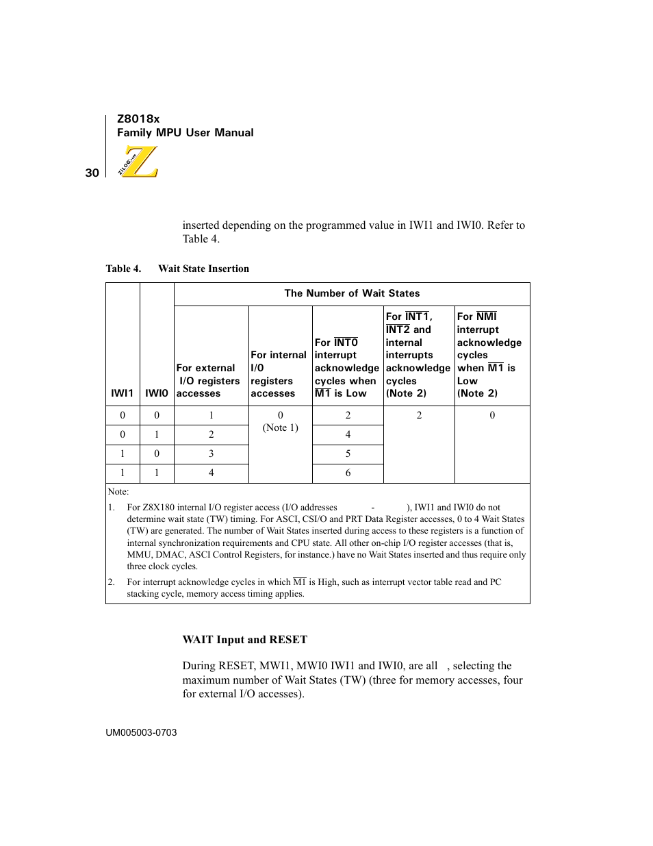 Table 4, Wait state insertion | Zilog Z80180 User Manual | Page 45 / 326