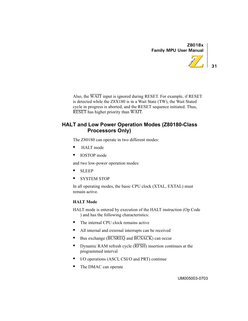 Halt and low power operation modes, Z80180-class processors only) | Zilog Z80180 User Manual | Page 46 / 326