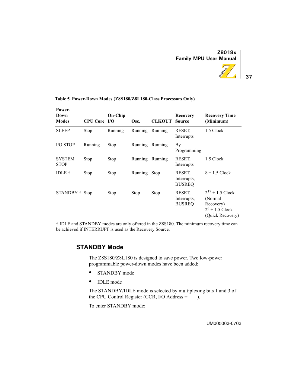 Standby mode, Table 5 | Zilog Z80180 User Manual | Page 52 / 326