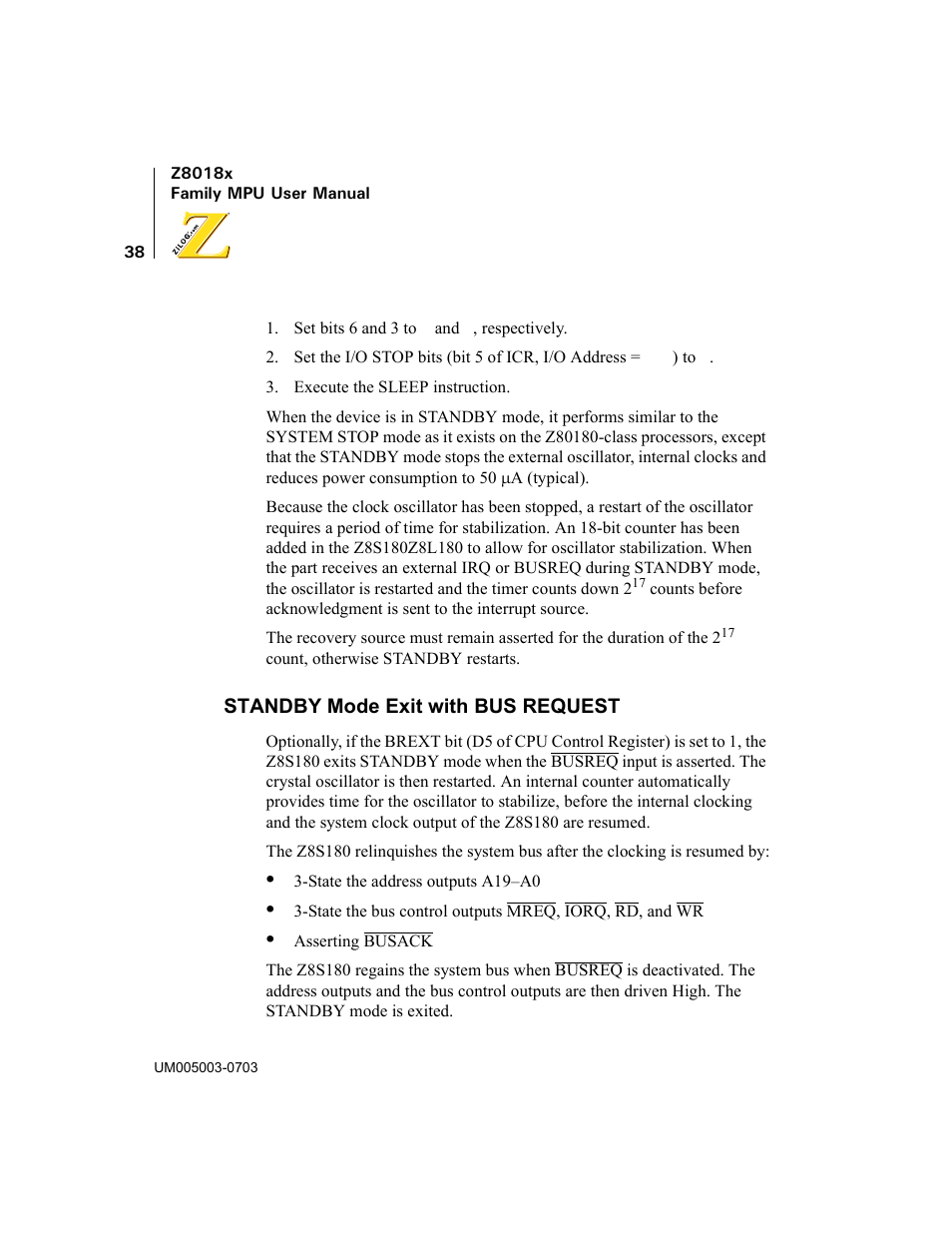 Standby mode exit with bus request, Standby mode exit wiht bus request | Zilog Z80180 User Manual | Page 53 / 326