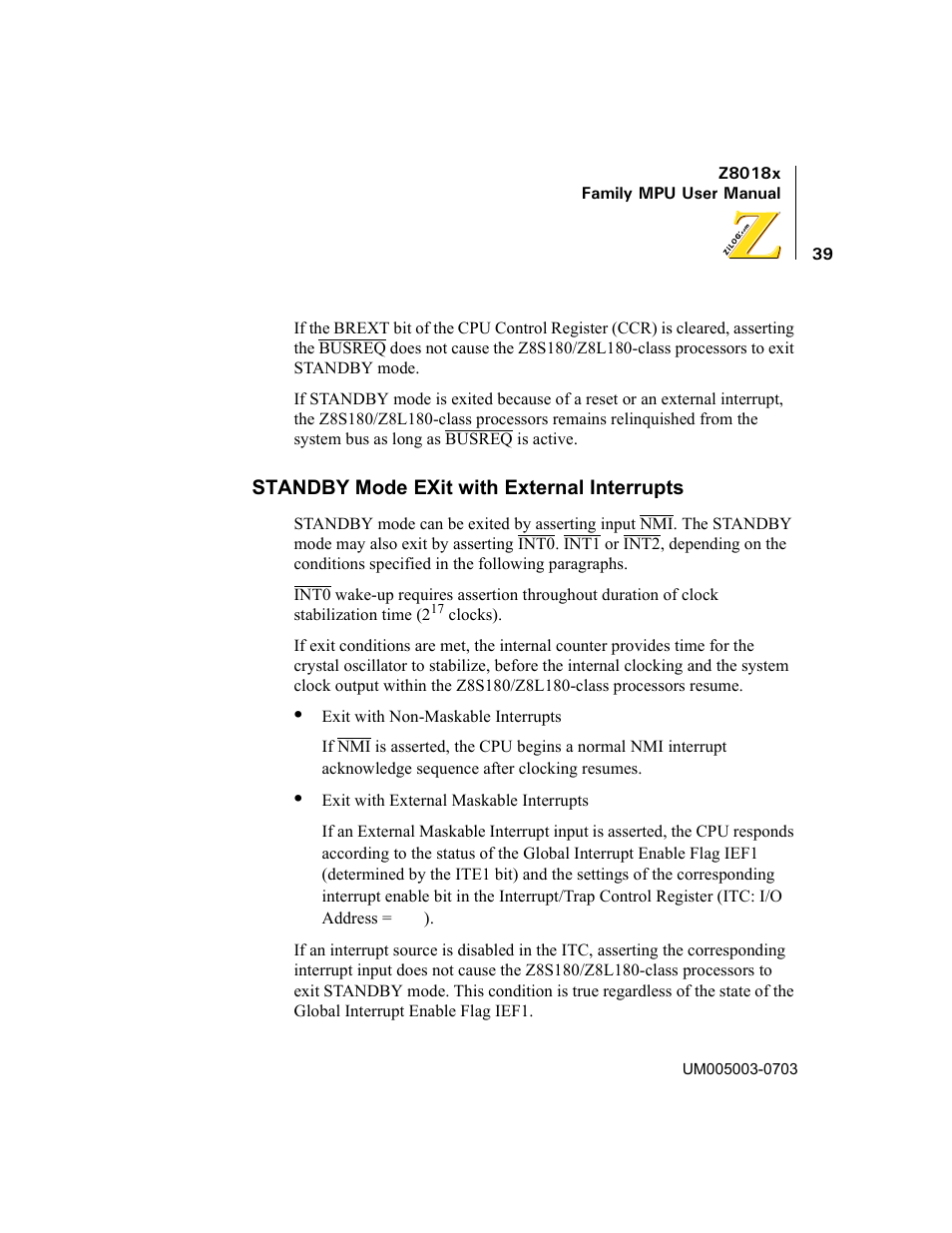 Standby mode exit with external interrupts | Zilog Z80180 User Manual | Page 54 / 326