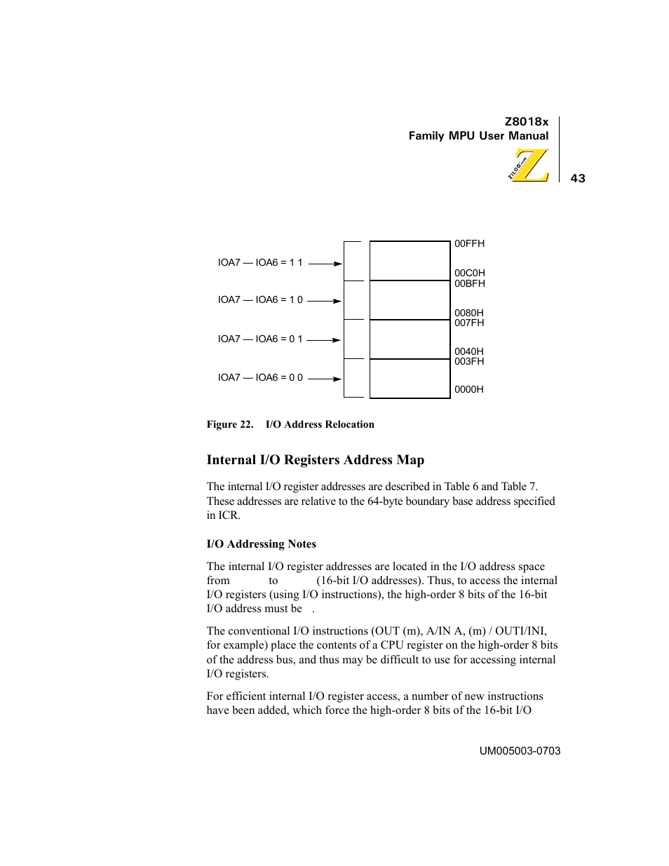 Figure 22. i/o address relocation, Internal i/o registers address map | Zilog Z80180 User Manual | Page 58 / 326