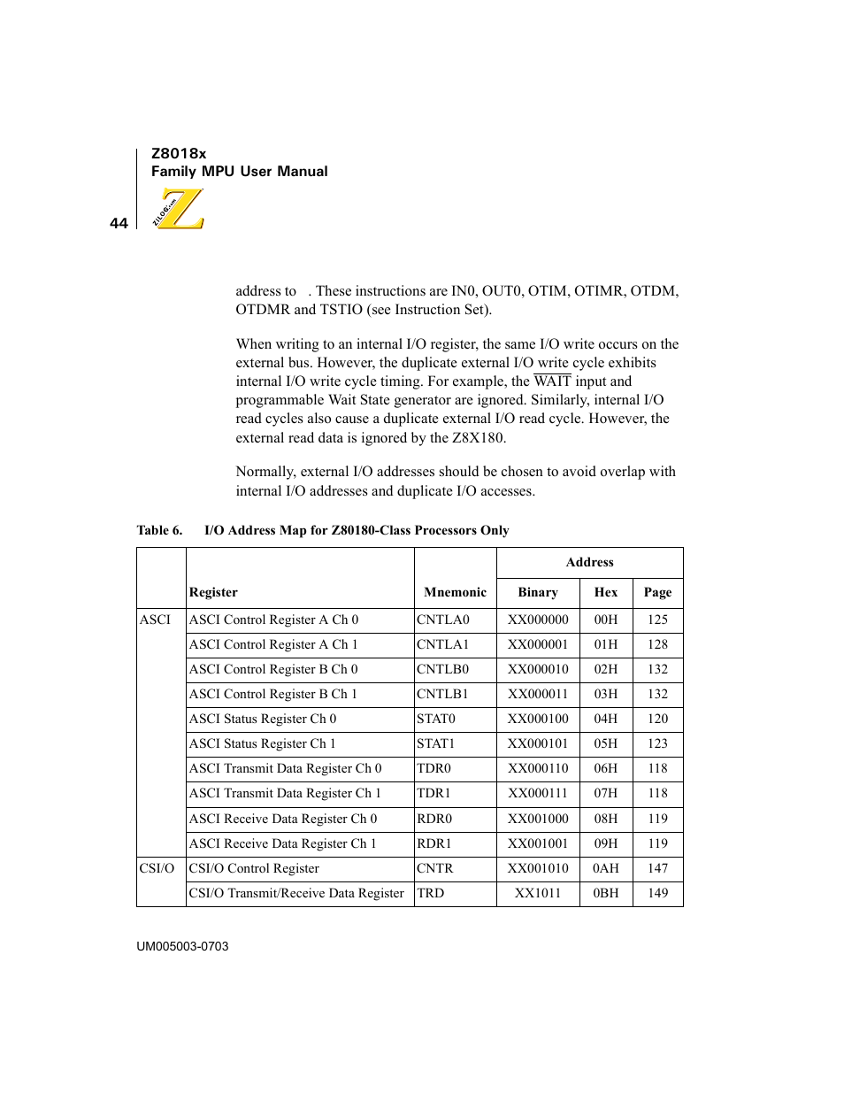 Table 6, I/o address map for z80180-class processors only | Zilog Z80180 User Manual | Page 59 / 326