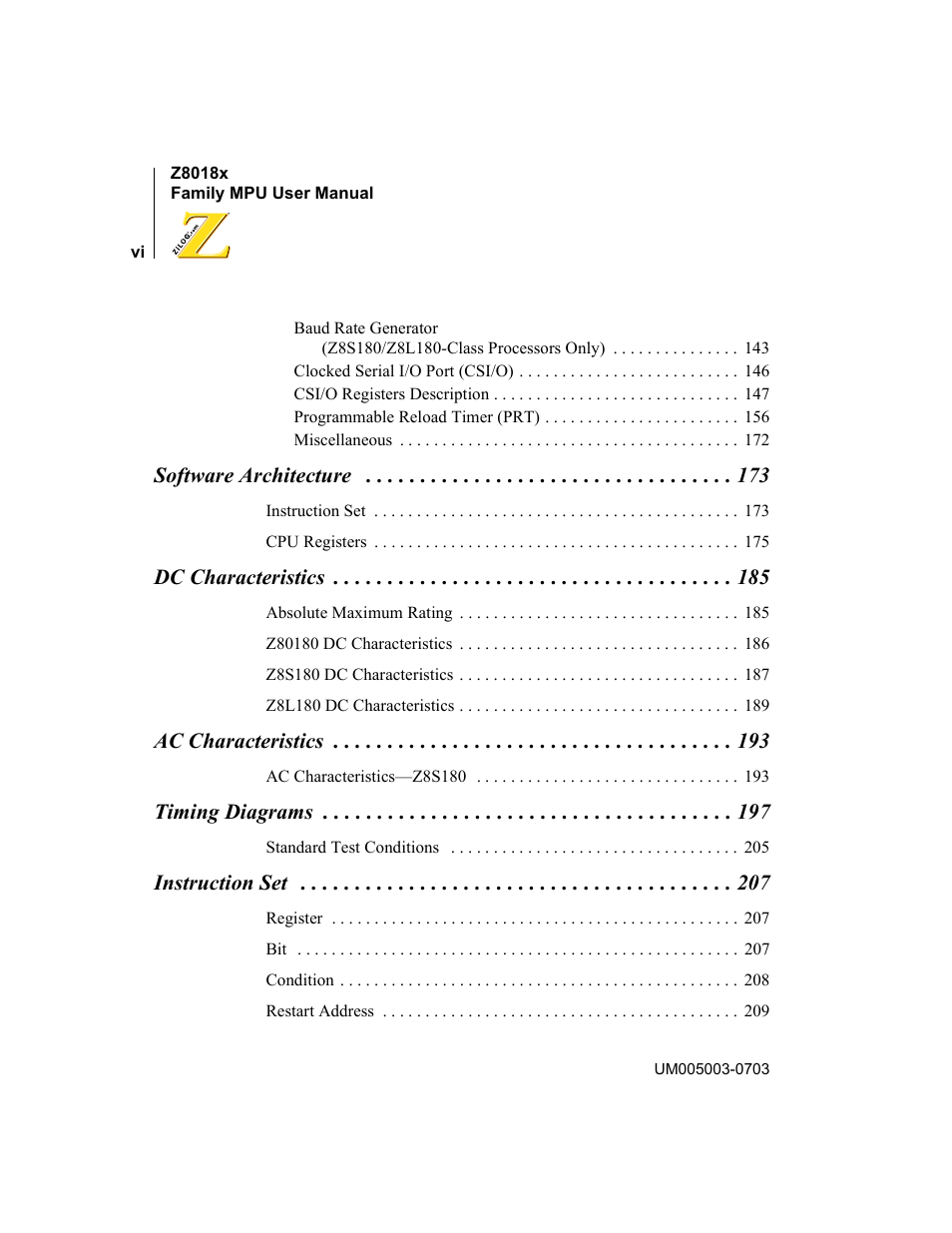 Software architecture 173, Dc characteristics 185, Ac characteristics 193 | Timing diagrams 197, Instruction set 207 | Zilog Z80180 User Manual | Page 6 / 326