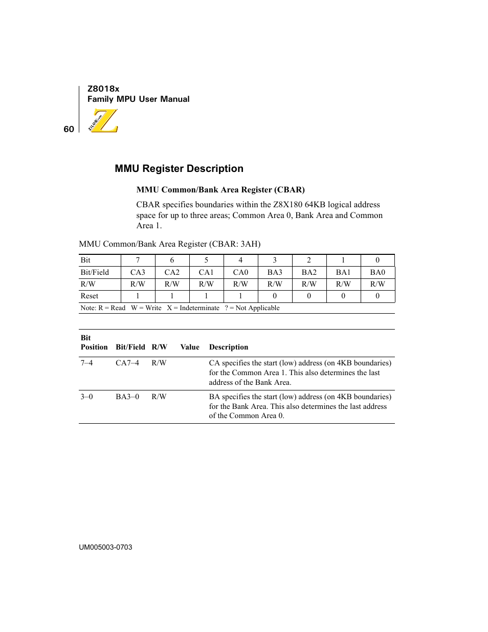 Mmu register description | Zilog Z80180 User Manual | Page 75 / 326