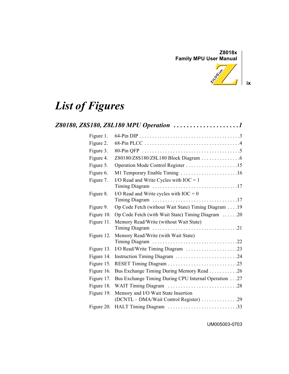 List of figures, Z80180, z8s180, z8l180 mpu operation 1 | Zilog Z80180 User Manual | Page 8 / 326