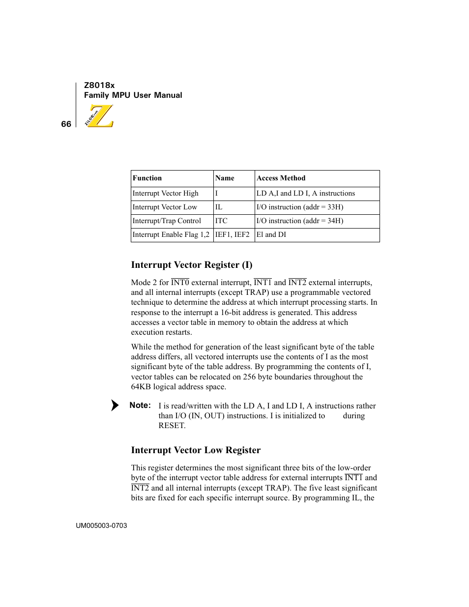 Interrupt vector register (i), Interrupt vector low register | Zilog Z80180 User Manual | Page 81 / 326