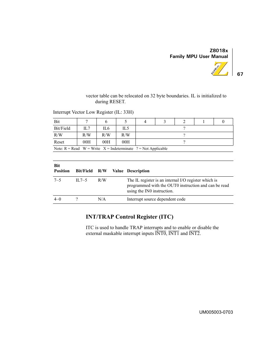 Int/trap control register (itc) | Zilog Z80180 User Manual | Page 82 / 326
