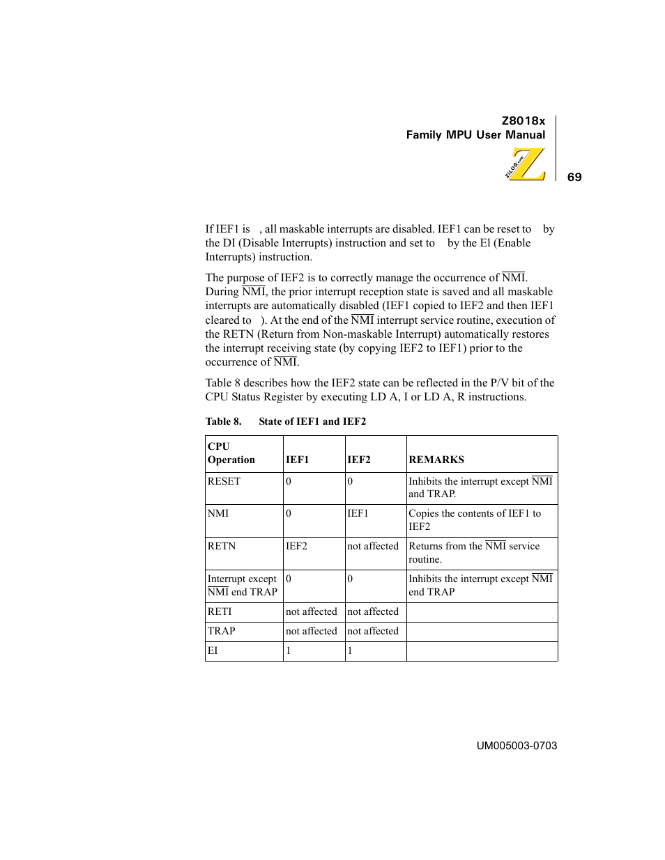 Table 8, State of ief1 and ief2 | Zilog Z80180 User Manual | Page 84 / 326