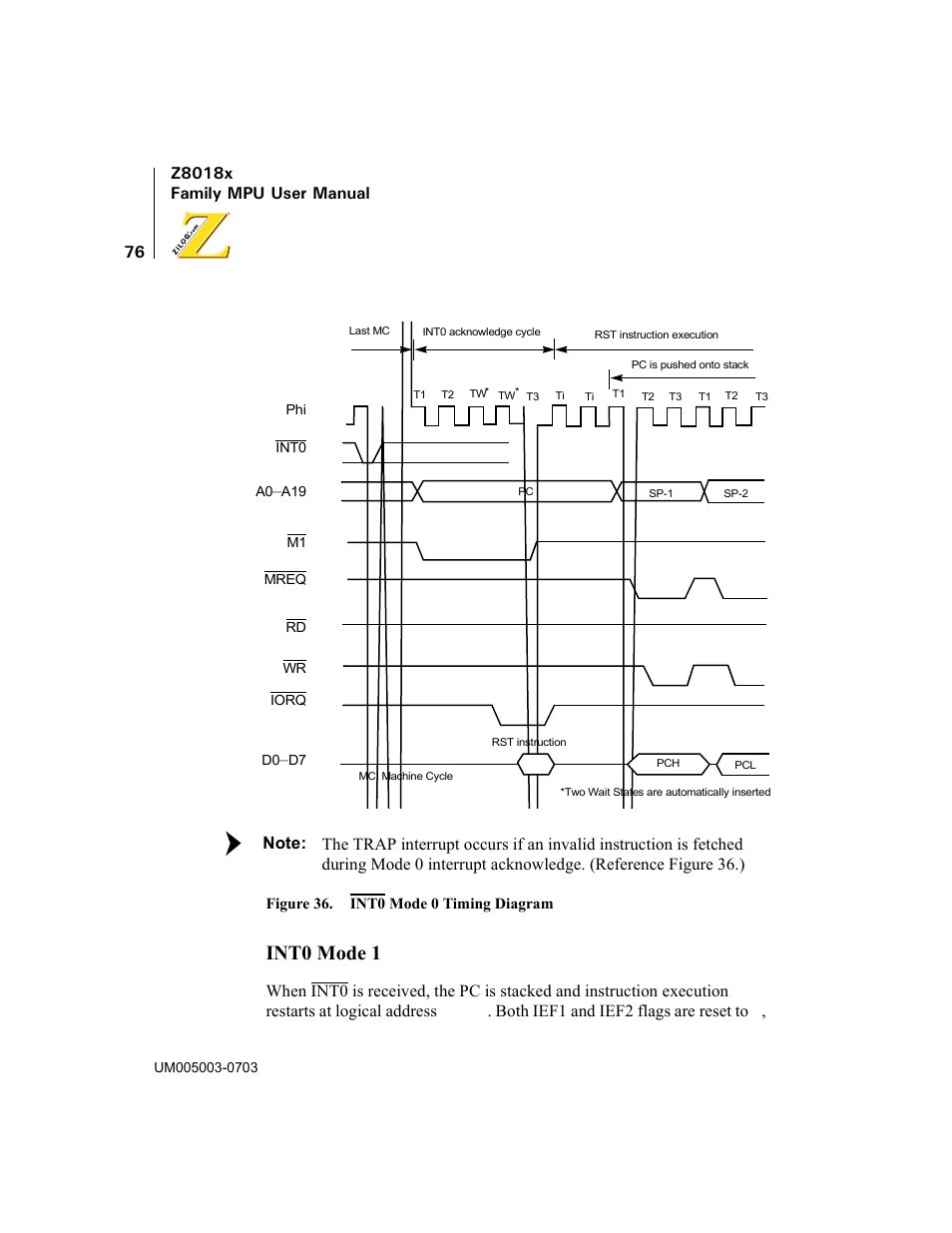 Figure 36. int0 mode 0 timing diagram, Int0 mode 1, Both ief1 and ief2 flags are reset to | Zilog Z80180 User Manual | Page 91 / 326