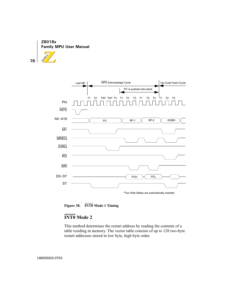 Figure 38. int0 mode 1 timing, Int0 mode 2 | Zilog Z80180 User Manual | Page 93 / 326