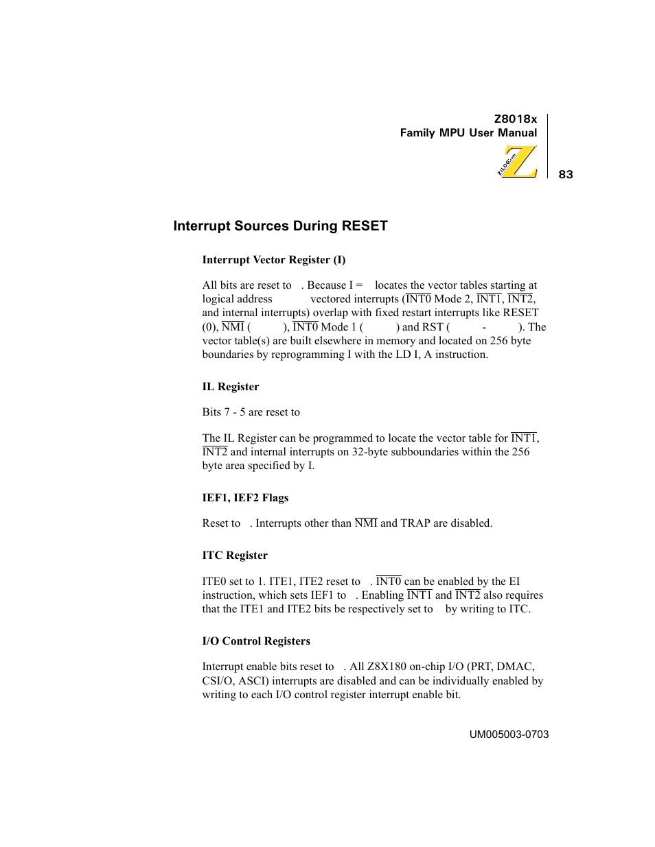 Interrupt sources during reset | Zilog Z80180 User Manual | Page 98 / 326