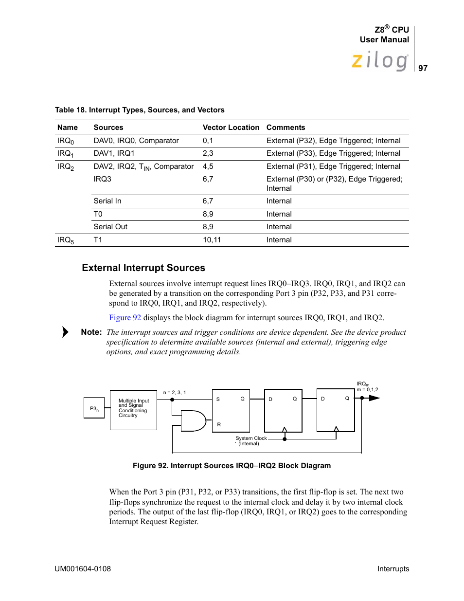 External interrupt sources | Zilog Z86193 User Manual | Page 104 / 260