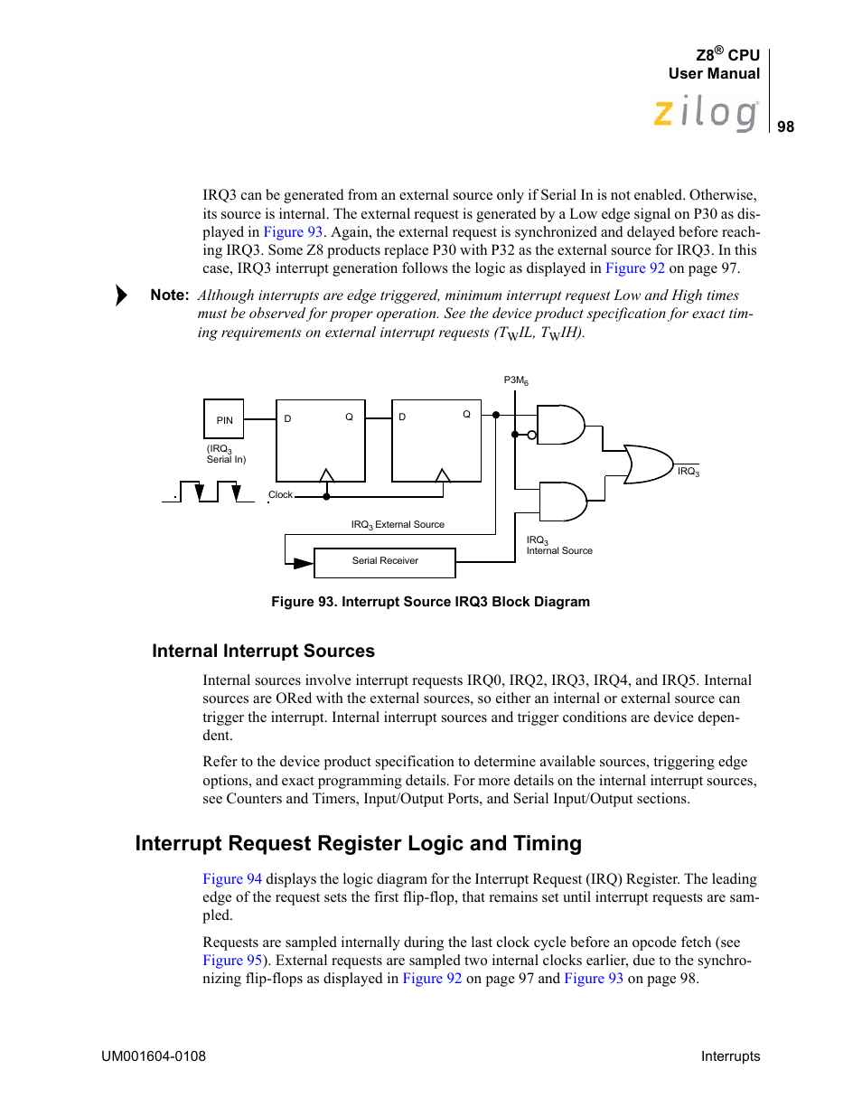 Internal interrupt sources, Interrupt request register logic and timing | Zilog Z86193 User Manual | Page 105 / 260