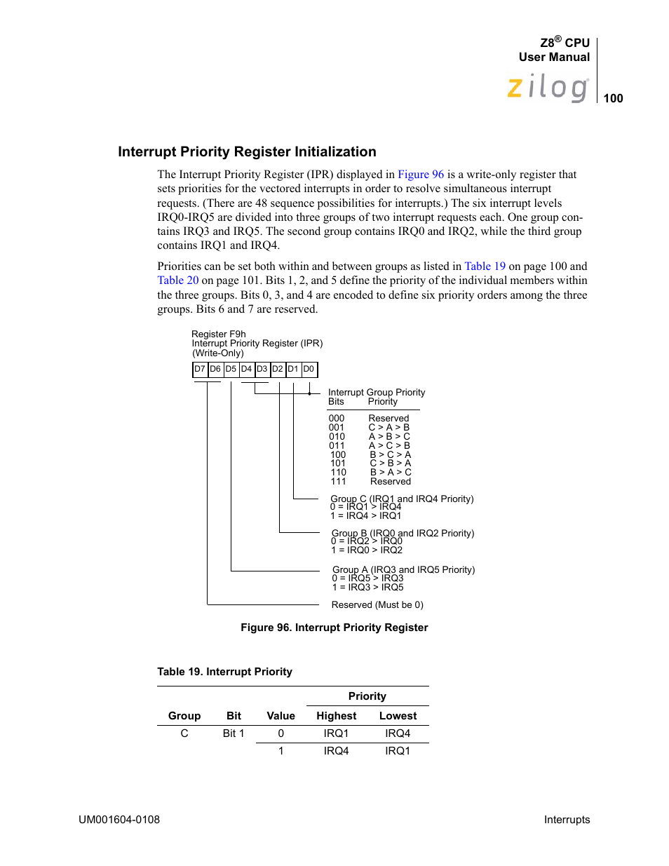 Interrupt priority register initialization | Zilog Z86193 User Manual | Page 107 / 260