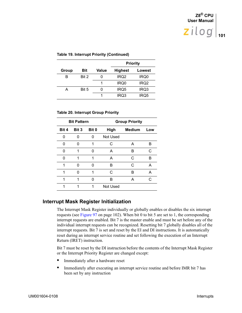 Interrupt mask register initialization, Table 20 | Zilog Z86193 User Manual | Page 108 / 260