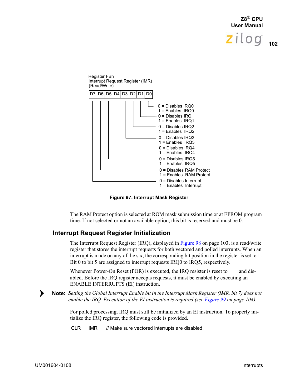 Interrupt request register initialization | Zilog Z86193 User Manual | Page 109 / 260