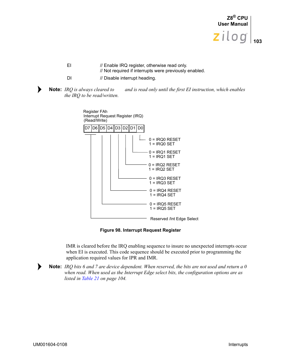 Interrupt request register (irq), displayed in, Figure 98 | Zilog Z86193 User Manual | Page 110 / 260