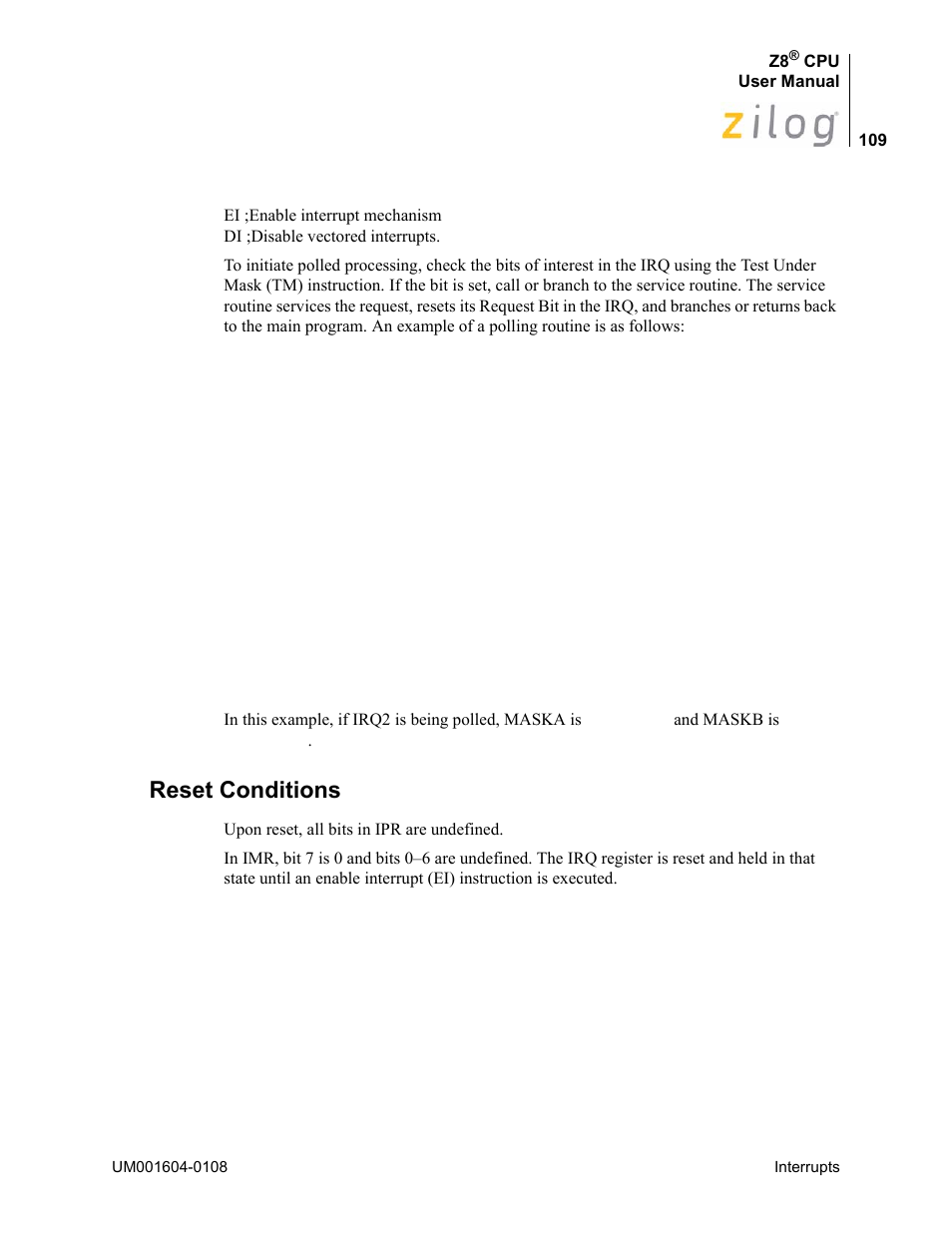 Reset conditions | Zilog Z86193 User Manual | Page 116 / 260