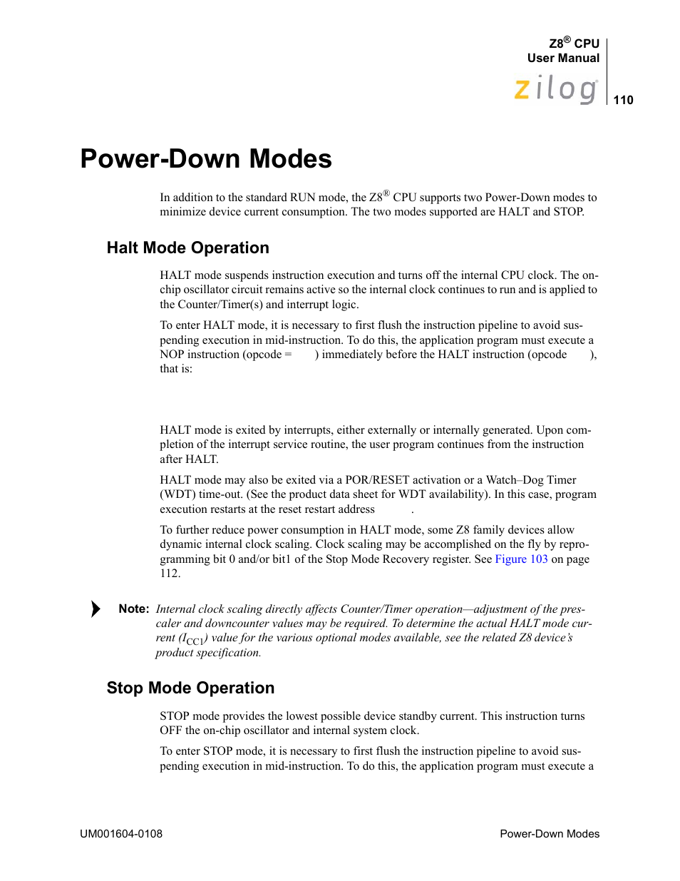 Power-down modes, Halt mode operation, Stop mode operation | Halt mode operation stop mode operation | Zilog Z86193 User Manual | Page 117 / 260