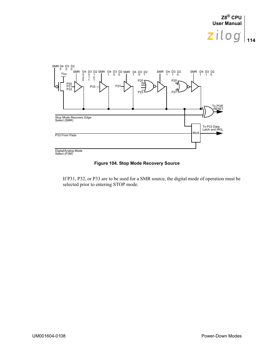 Figure 104, Cpu user manual, Power-down modes | Figure 104. stop mode recovery source | Zilog Z86193 User Manual | Page 121 / 260