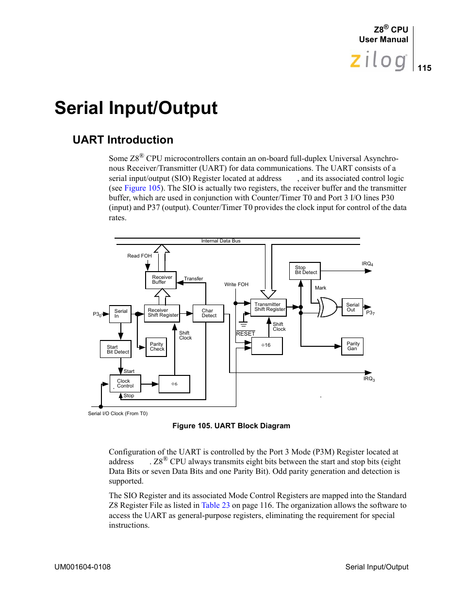 Serial input/output, Uart introduction, Cpu user manual | Some z8 | Zilog Z86193 User Manual | Page 122 / 260