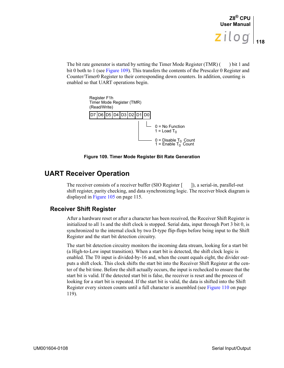 Uart receiver operation, Receiver shift register | Zilog Z86193 User Manual | Page 125 / 260