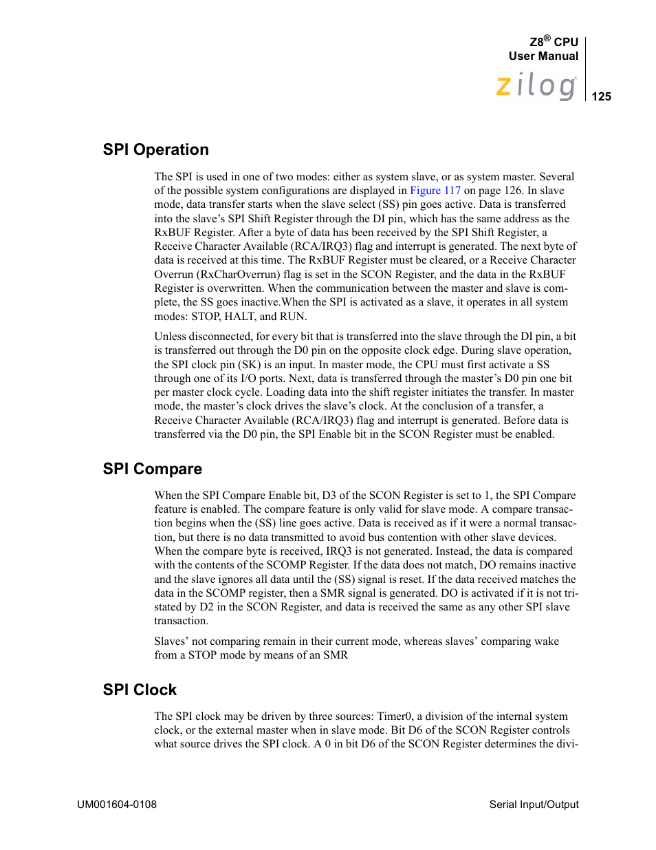 Spi operation, Spi compare, Spi clock | Spi operation spi compare spi clock | Zilog Z86193 User Manual | Page 132 / 260