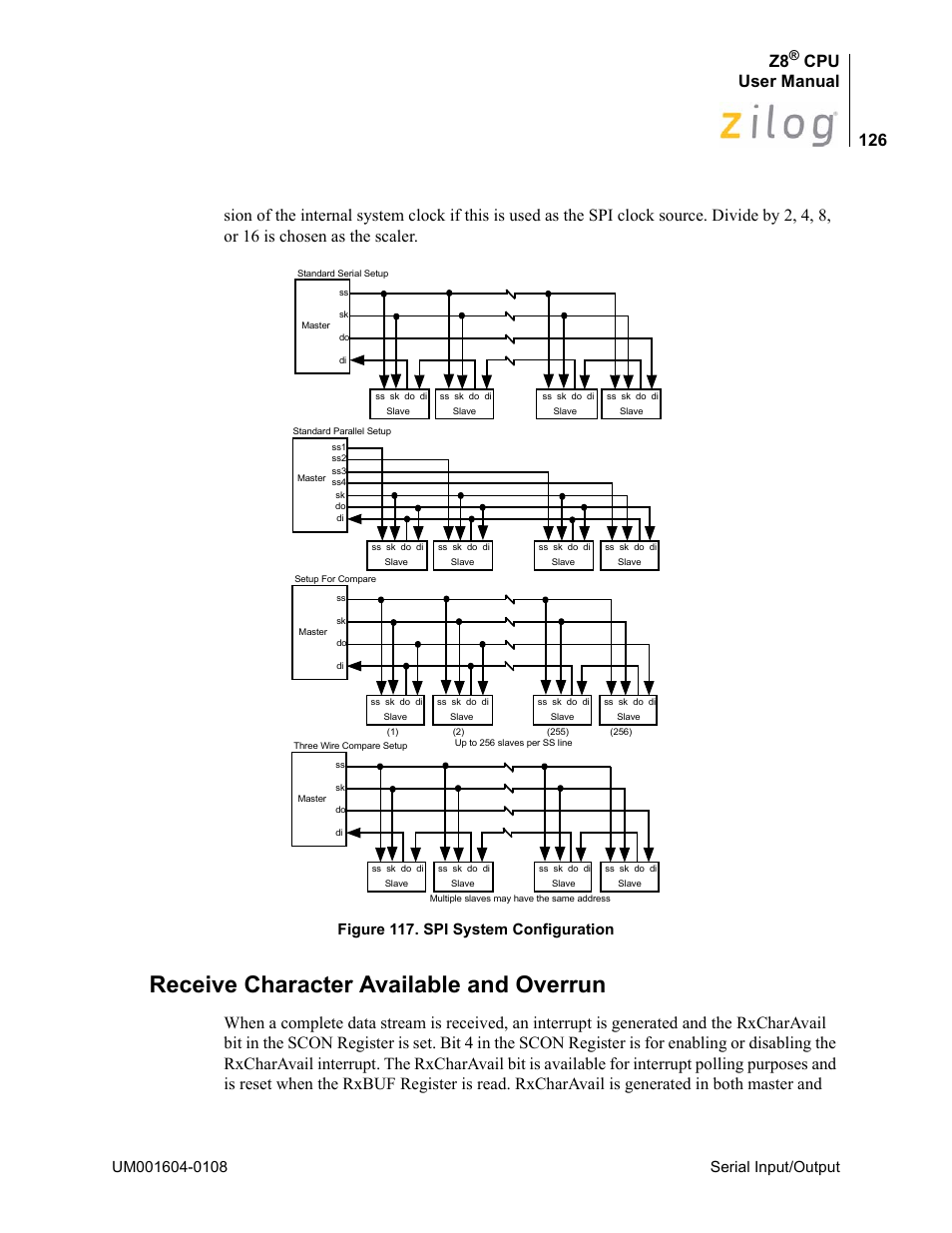 Receive character available and overrun, Cpu user manual, Serial input/output | Figure 117. spi system configuration | Zilog Z86193 User Manual | Page 133 / 260