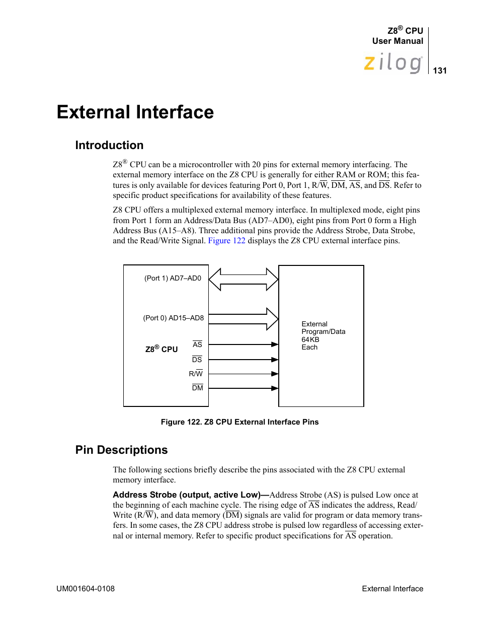 External interface, Introduction, Pin descriptions | Introduction pin descriptions | Zilog Z86193 User Manual | Page 138 / 260