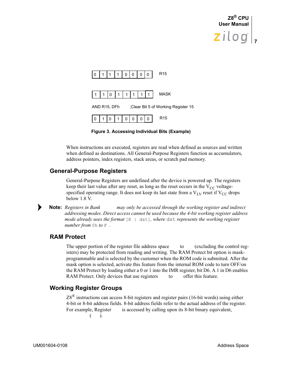 General-purpose registers, Ram protect, Working register groups | Operation, Figure 3 | Zilog Z86193 User Manual | Page 14 / 260
