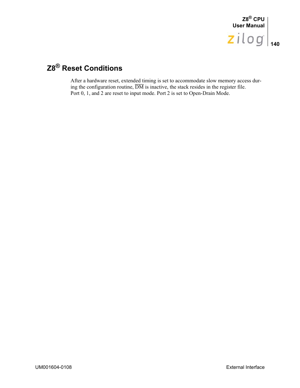 Z8® reset conditions, Reset conditions | Zilog Z86193 User Manual | Page 147 / 260