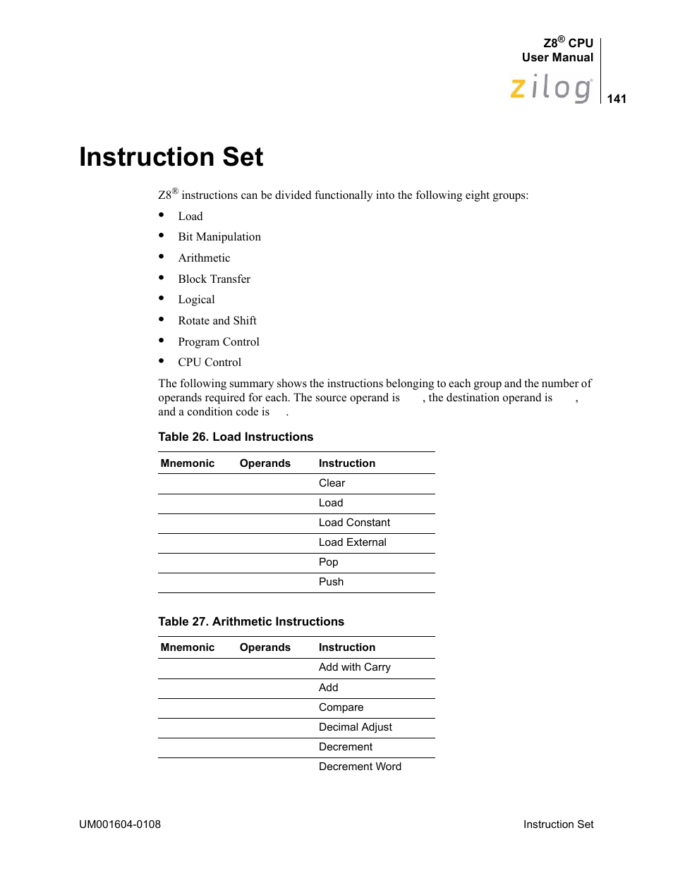 Instruction set | Zilog Z86193 User Manual | Page 148 / 260