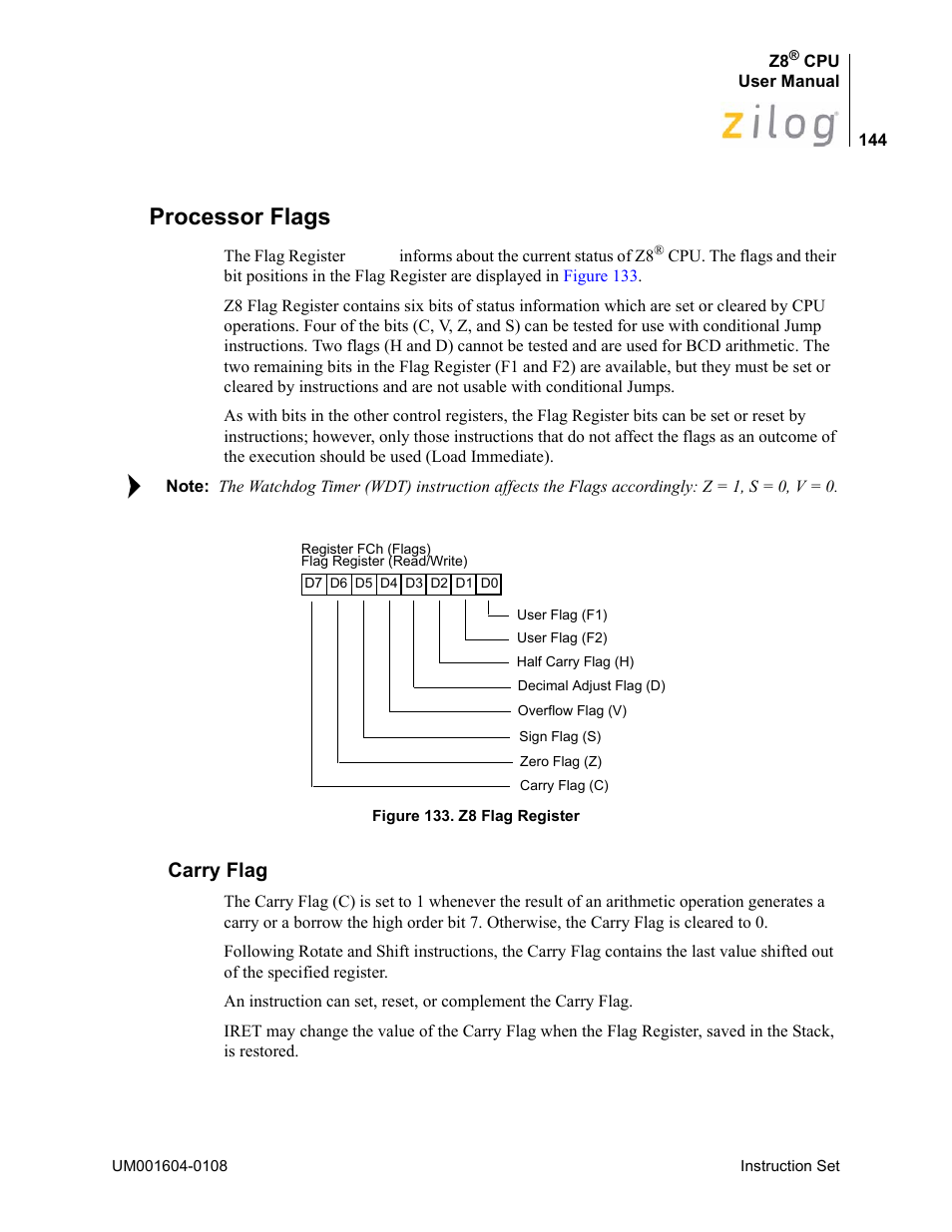 Processor flags, Carry flag | Zilog Z86193 User Manual | Page 151 / 260