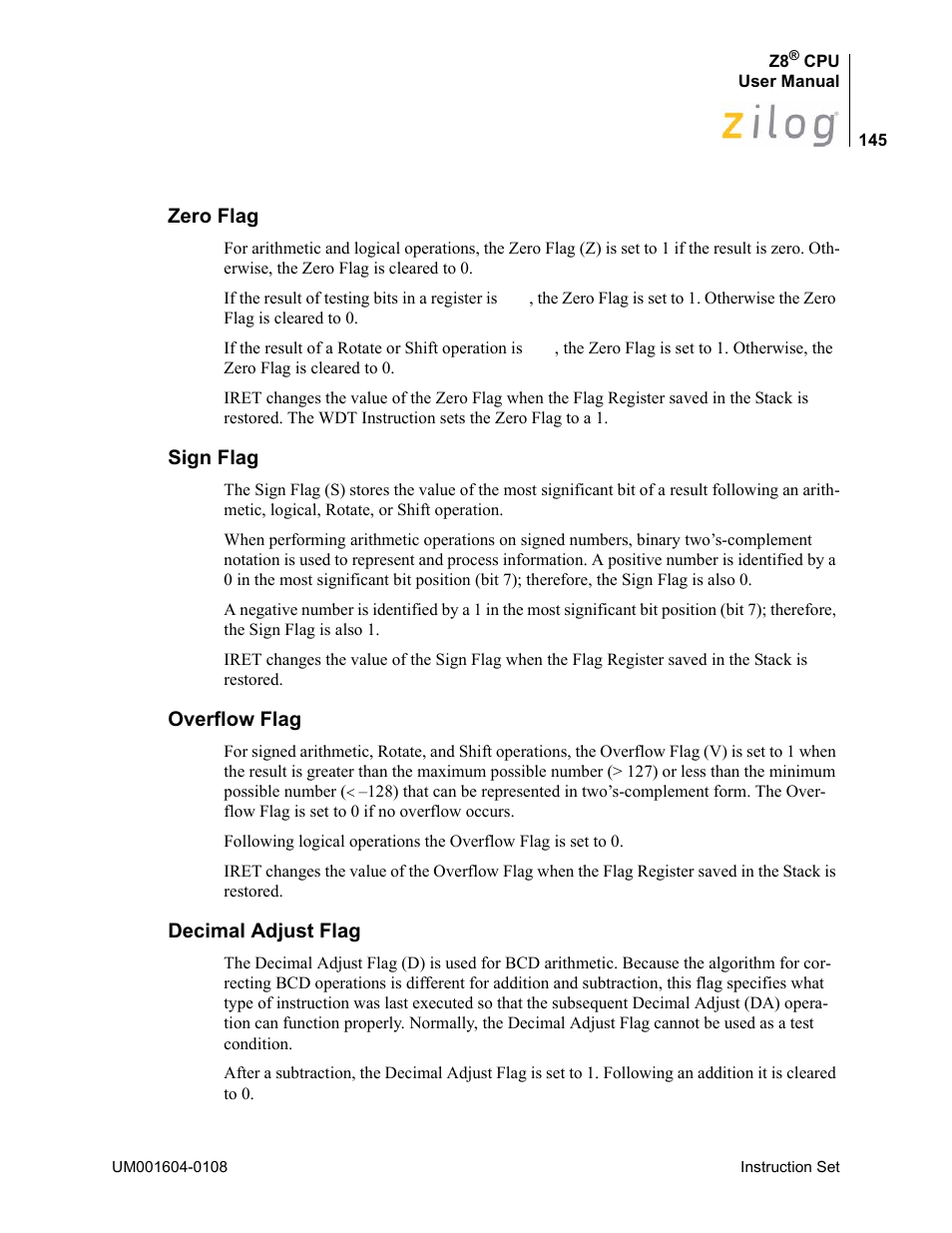 Zero flag, Sign flag, Overflow flag | Decimal adjust flag | Zilog Z86193 User Manual | Page 152 / 260