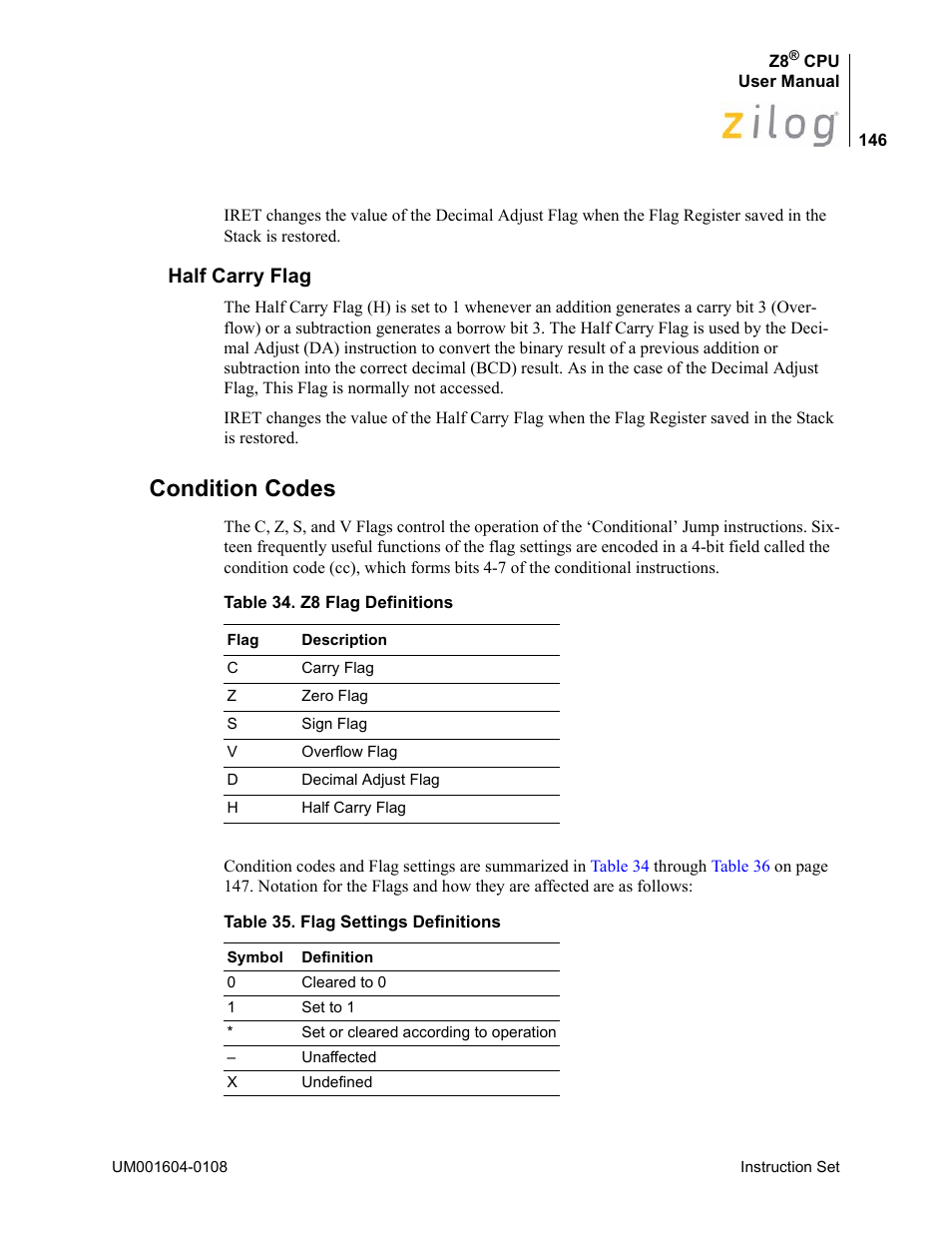 Half carry flag, Condition codes | Zilog Z86193 User Manual | Page 153 / 260